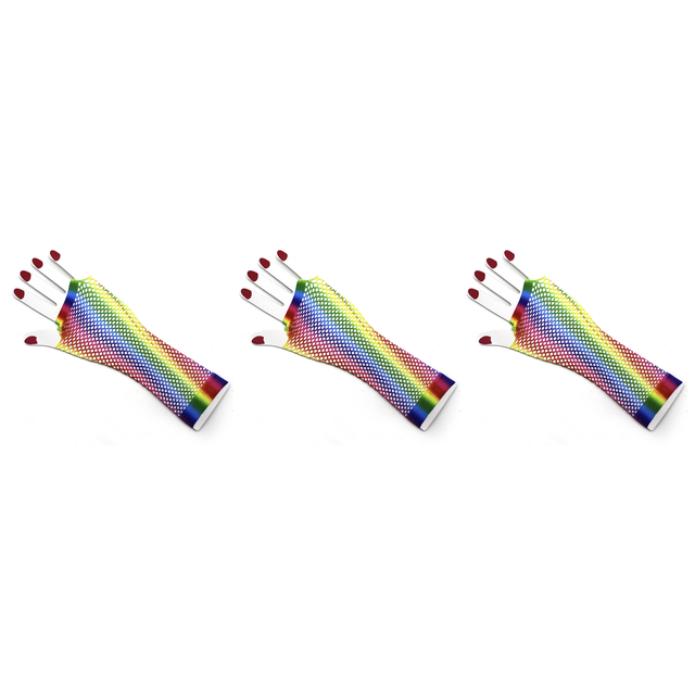 3x Vertical Rainbow Stripe Fishnet Gloves Pack - Fingerless Wrist Length (80s Costume/Mardi Gras)
