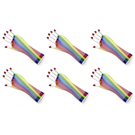 6x Vertical Rainbow Stripe Fishnet Gloves Bulk Pack - Fingerless Wrist Length (80s Costume/Mardi Gras)