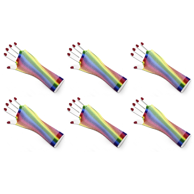 6x Vertical Rainbow Stripe Fishnet Gloves Bulk Pack - Fingerless Wrist Length (80s Costume/Mardi Gras)