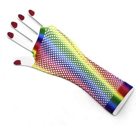 3x Vertical Rainbow Stripe Fishnet Gloves Pack - Fingerless Wrist Length (80s Costume/Mardi Gras)
