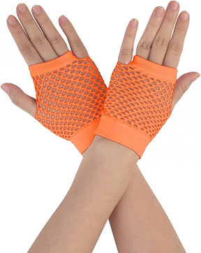 Orange Fishnet Gloves - Fingerless Wrist Length (70s & 80s Costume/Party)