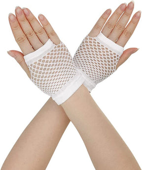 White Fishnet Gloves - Fingerless Wrist Length (70s & 80s Costume/Party)