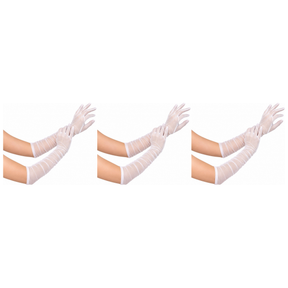 3x Classic Sheer Ruched Tulle Mesh Elbow Length Gloves Pack - White (40cm Long)
