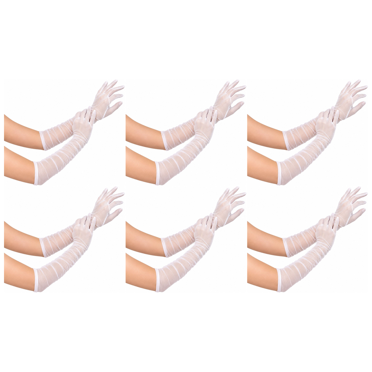 6x Classic Sheer Ruched Tulle Mesh Elbow Length Gloves Bulk Pack - White (40cm Long)