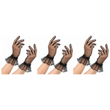 3x Womens Mesh Diamante Ruffle Cuff Gloves Group Costume Pack - Black