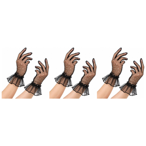 3x Womens Mesh Diamante Ruffle Cuff Gloves Group Costume Pack - Black