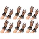 6x Womens Mesh Diamante Ruffle Cuff Gloves Group Costume Bulk Pack - Black