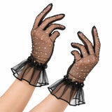 Womens Mesh Diamante Ruffle Cuff Gloves - Black (Fancy Dress & Costume Party)