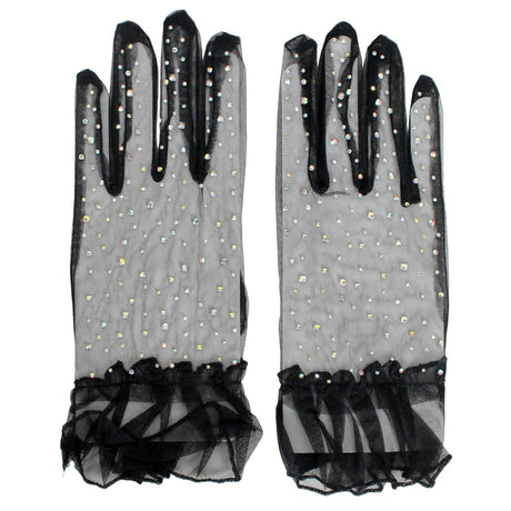6x Womens Mesh Diamante Ruffle Cuff Gloves Group Costume Bulk Pack - Black