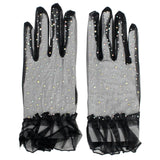 Womens Mesh Diamante Ruffle Cuff Gloves - Black (Fancy Dress & Costume Party)