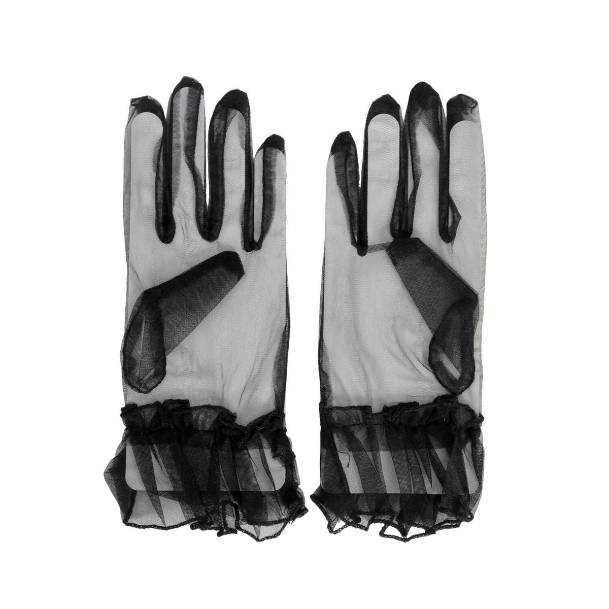 Womens Mesh Diamante Ruffle Cuff Gloves - Black (Fancy Dress & Costume Party)