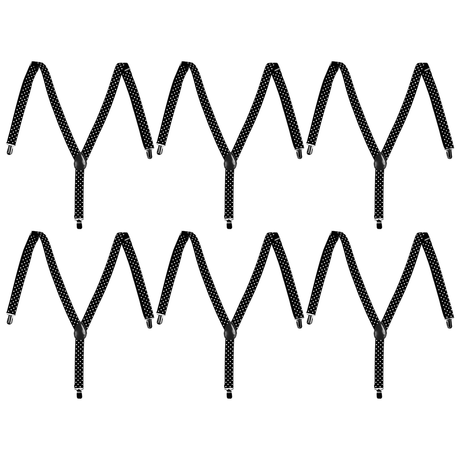 6x Mens Black/White Polka Dot Slim Suspenders Bulk Pack - Strong Adjustable Clip On Braces for Weddings/Formals