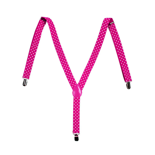 Mens Suspenders Braces Adjustable Strong Clip On Elastic Formal Wedding Slim - Pink with White Polka Dot