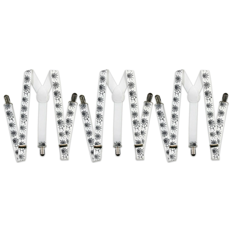 3x Mens Halloween White/Black Spider Suspenders Bulk Pack - Adjustable Clip On Braces for Weddings/Formals