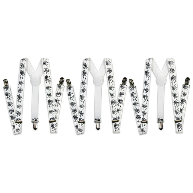 3x Mens Halloween White/Black Spider Suspenders Bulk Pack - Adjustable Clip On Braces for Weddings/Formals