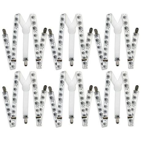 6x Mens Halloween White/Black Spider Suspenders Bulk Pack - Adjustable Clip On Braces for Weddings/Formals