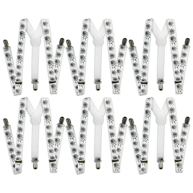 6x Mens Halloween White/Black Spider Suspenders Bulk Pack - Adjustable Clip On Braces for Weddings/Formals
