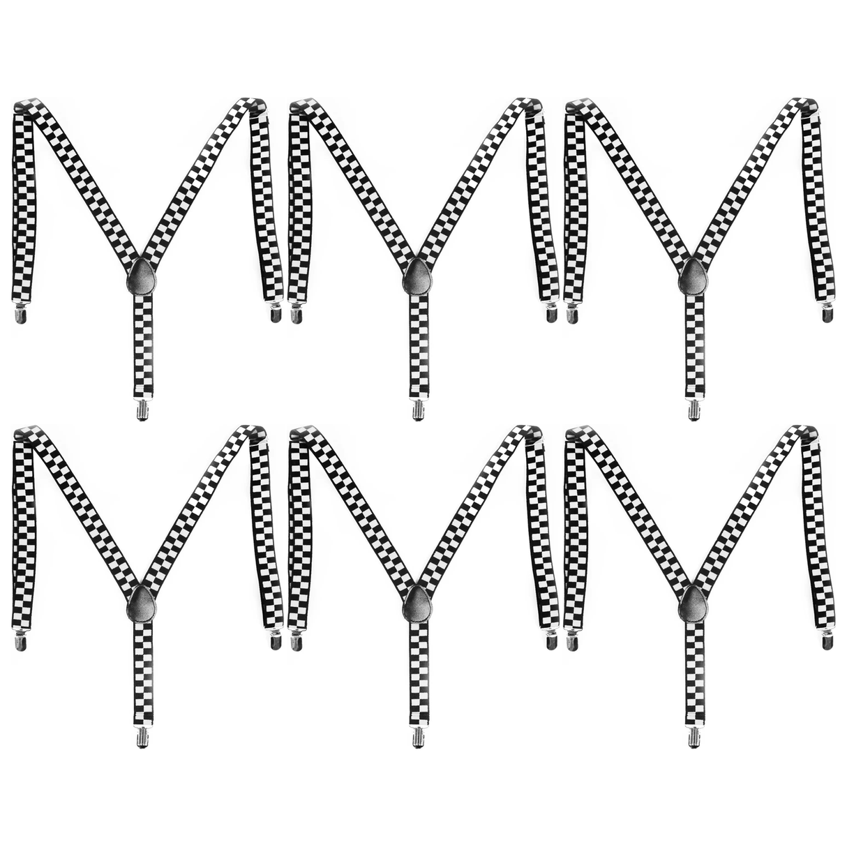 6x Mens Black/White Checkered Suspenders Bulk Pack - Adjustable Clip On Braces for Weddings/Formals