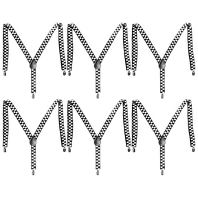 6x Mens Black/White Checkered Suspenders Bulk Pack - Adjustable Clip On Braces for Weddings/Formals
