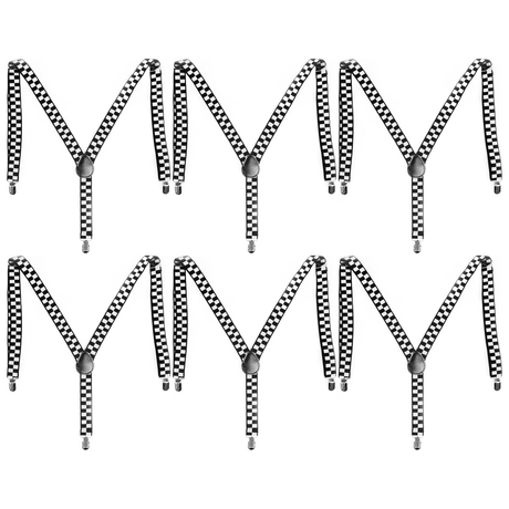 6x Mens Black/White Checkered Suspenders Bulk Pack - Adjustable Clip On Braces for Weddings/Formals