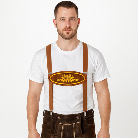 6x Brown Lederhosen Suspenders Bulk Pack - Oktoberfest German Costume Accessory (Halloween & Fancy Dress)