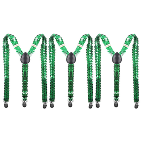 3x Unisex Green Sequin Suspenders Bulk Pack - Adjustable Clip On Y-Back Braces