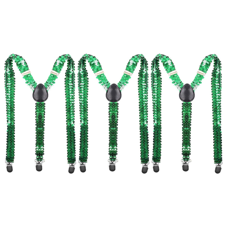 3x Unisex Green Sequin Suspenders Bulk Pack - Adjustable Clip On Y-Back Braces