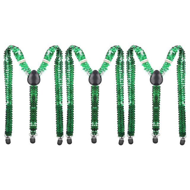 3x Unisex Green Sequin Suspenders Bulk Pack - Adjustable Clip On Y-Back Braces