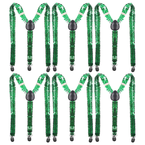 6x Unisex Green Sequin Suspenders Bulk Pack - Adjustable Clip On Y-Back Braces