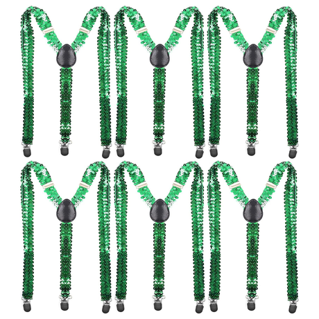 6x Unisex Green Sequin Suspenders Bulk Pack - Adjustable Clip On Y-Back Braces