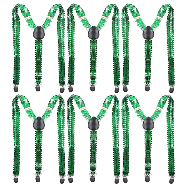 6x Unisex Green Sequin Suspenders Bulk Pack - Adjustable Clip On Y-Back Braces