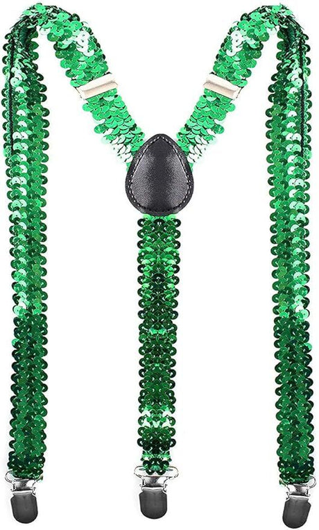 6x Unisex Green Sequin Suspenders Bulk Pack - Adjustable Clip On Y-Back Braces