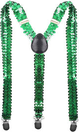 3x Unisex Green Sequin Suspenders Bulk Pack - Adjustable Clip On Y-Back Braces