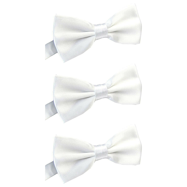 3x Mens Large White Bow Tie Bulk Pack (Pre-Tied Classic Formal Necktie)
