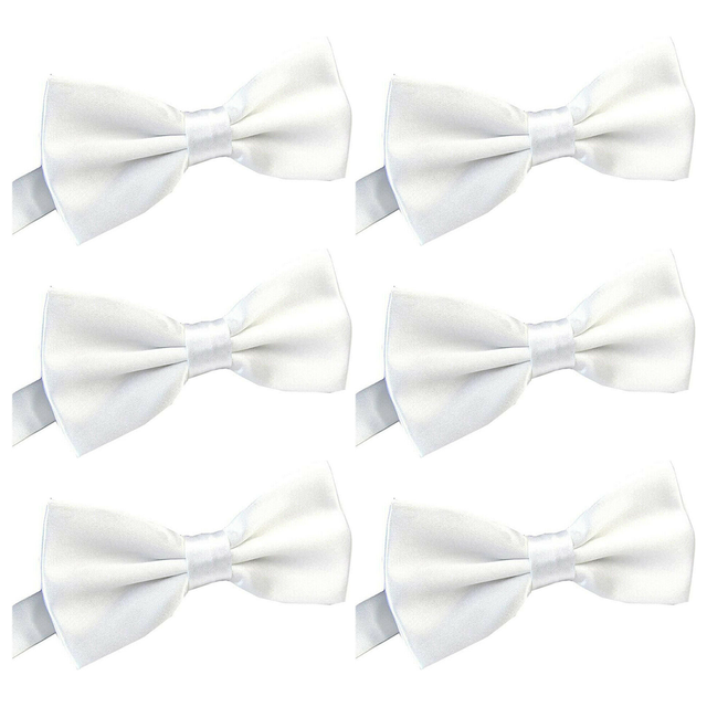 6x Mens Large White Bow Tie Bulk Pack (Pre-Tied Classic Formal Necktie)