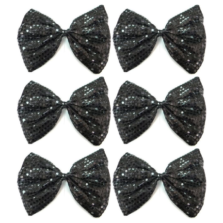 6x Black Large Sequin Polka Dots Bow Tie Bulk Pack - Fancy Dress Costume Party