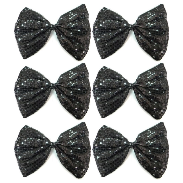 6x Black Large Sequin Polka Dots Bow Tie Bulk Pack - Fancy Dress Costume Party