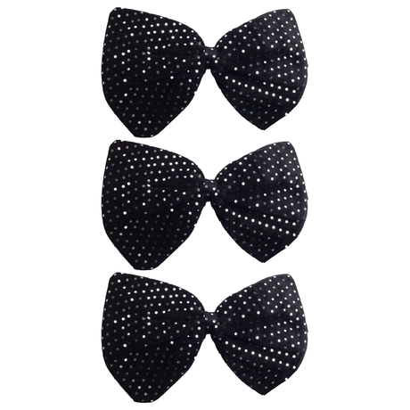 3x Black/Silver Large Sequin Polka Dots Bow Tie Pack - Fancy Dress Costume Party