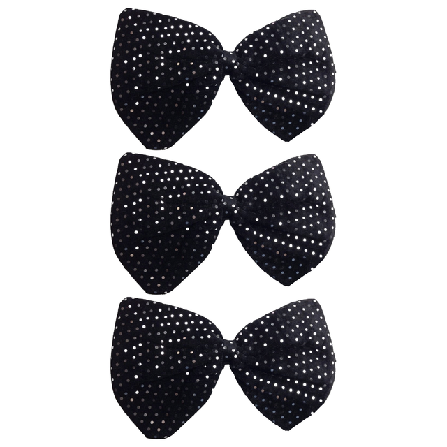 3x Black/Silver Large Sequin Polka Dots Bow Tie Bulk Pack - Fancy Dress Costume Party