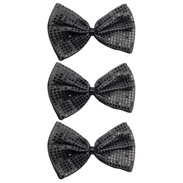 3x Grey/Black Large Sequin Polka Dots Bow Tie Bulk Pack - Fancy Dress Costume Party