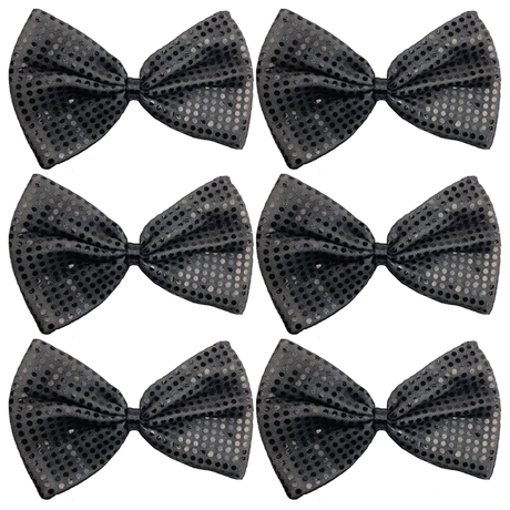 6x Grey/Black Large Sequin Polka Dots Bow Tie Bulk Pack - Fancy Dress Costume Party