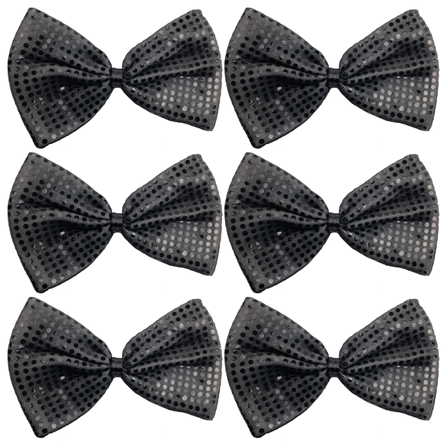 6x Grey/Black Large Sequin Polka Dots Bow Tie Bulk Pack - Fancy Dress Costume Party