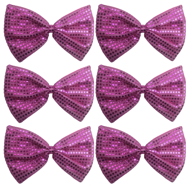 6x Hot Pink Large Sequin Polka Dots Bow Tie Bulk Pack - Fancy Dress Costume Party