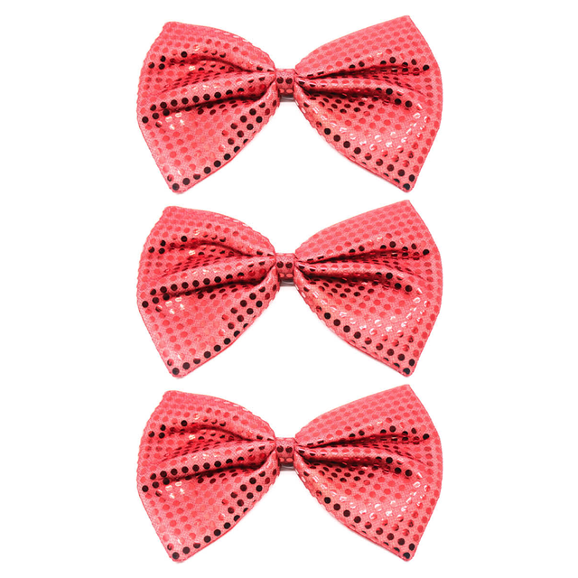 3x Red Large Sequin Polka Dots Bow Tie Bulk Pack - Fancy Dress Costume Party