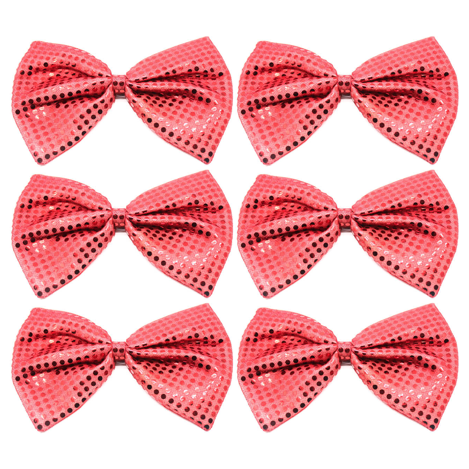 6x Red Large Sequin Polka Dots Bow Tie Bulk Pack - Fancy Dress Costume Party