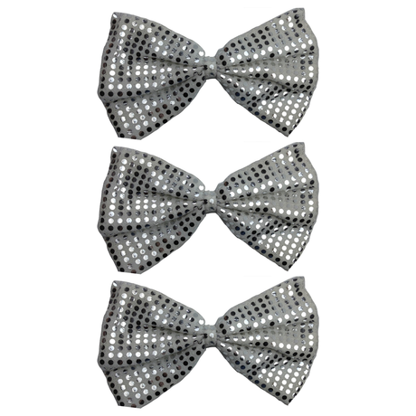 3x White/Silver Large Sequin Polka Dots Bow Tie Pack - Fancy Dress Costume Party
