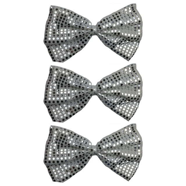 3x White/Silver Large Sequin Polka Dots Bow Tie Bulk Pack - Fancy Dress Costume Party