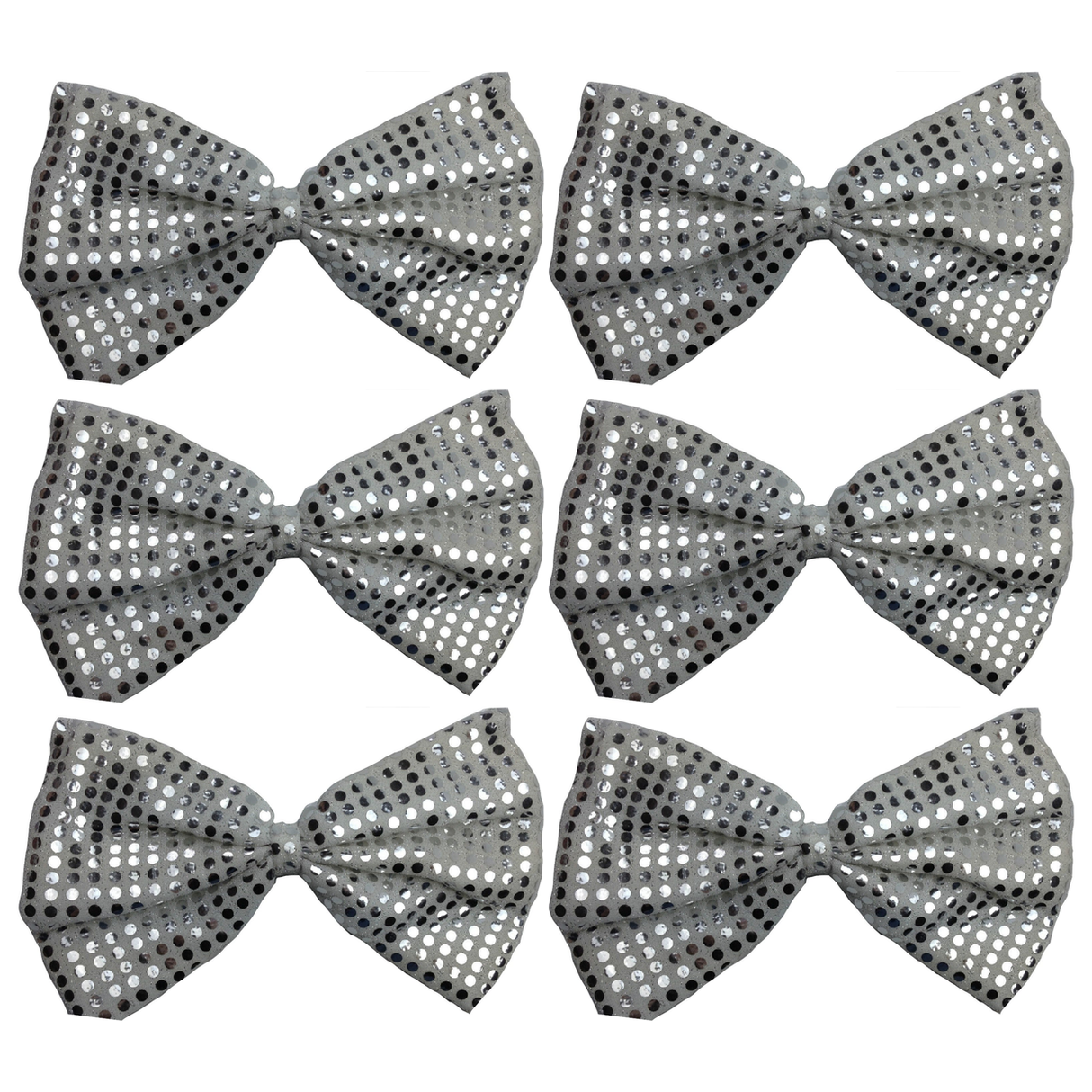 6x White/Silver Large Sequin Polka Dots Bow Tie Bulk Pack - Fancy Dress Costume Party