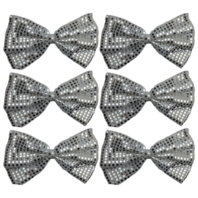 6x White/Silver Large Sequin Polka Dots Bow Tie Bulk Pack - Fancy Dress Costume Party