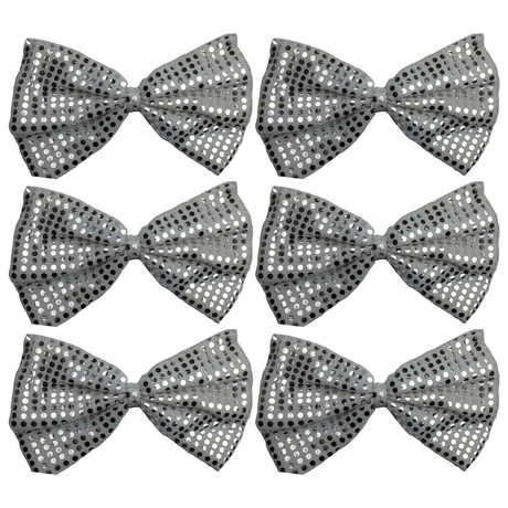 6x White/Silver Large Sequin Polka Dots Bow Tie Bulk Pack - Fancy Dress Costume Party